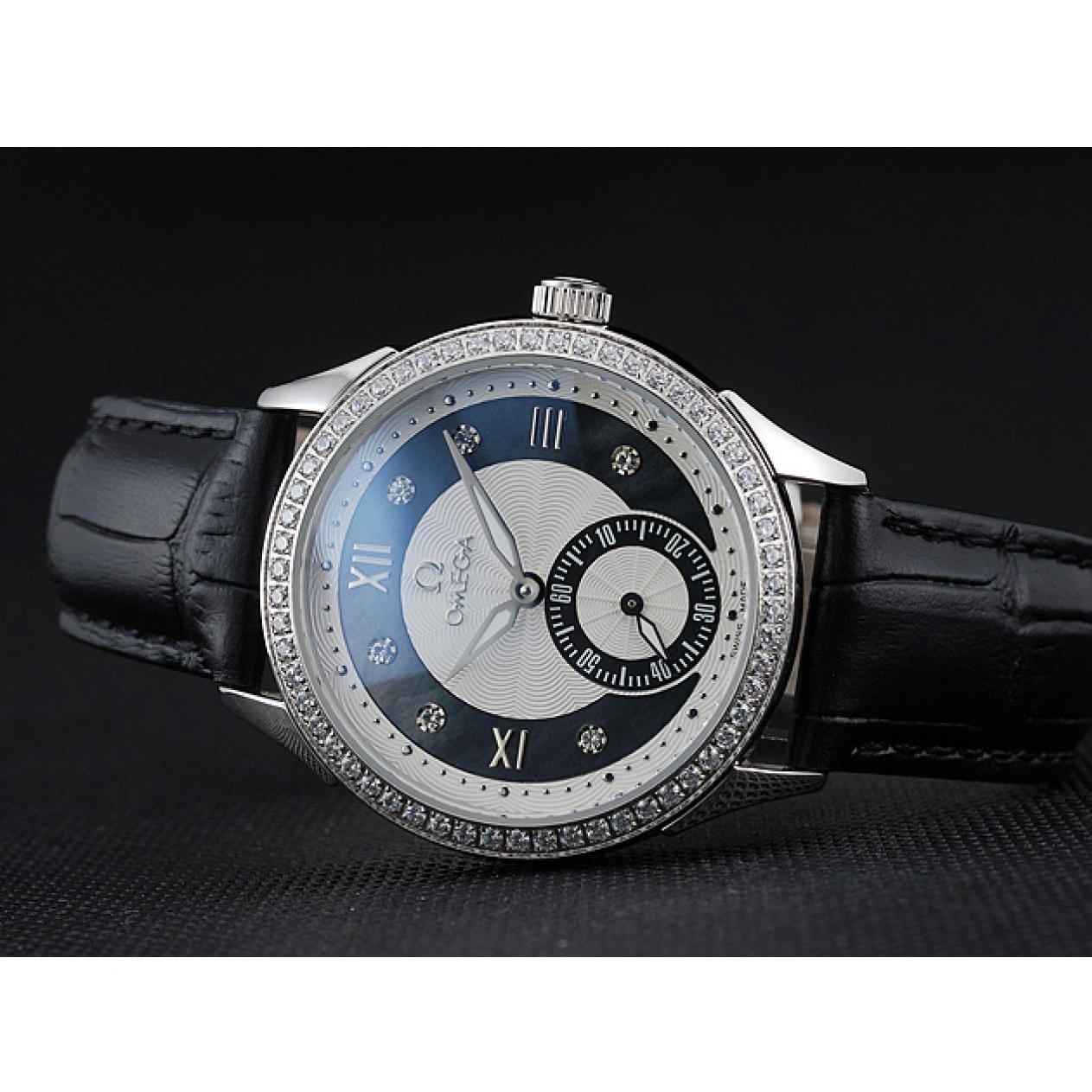 1029 Omega DeVille Prestige Black Dial Silver Diamond Case Black Leather Bracelet 1454120